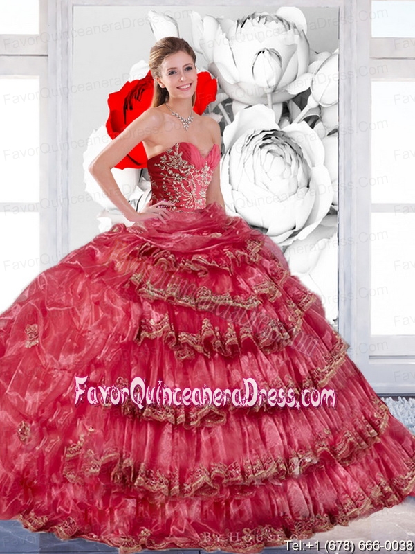 2015 Coral Red Appliques and Ruffles Quinceanera Dress in Coral Red