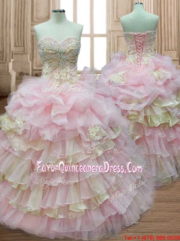 Discount Applique and Ruffled Layers Quinceanera Dress in Baby Pink and Yellow