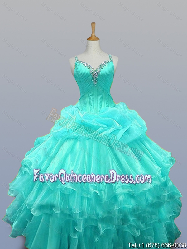 2015 Fall Elegant Straps Quinceanera Dresses with Beading and Ruffled Layers