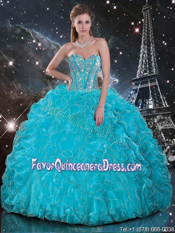 Discount 2016 Summer Aqua Blue Sweetheart Quinceanera Gowns with Beading and Ruffles
