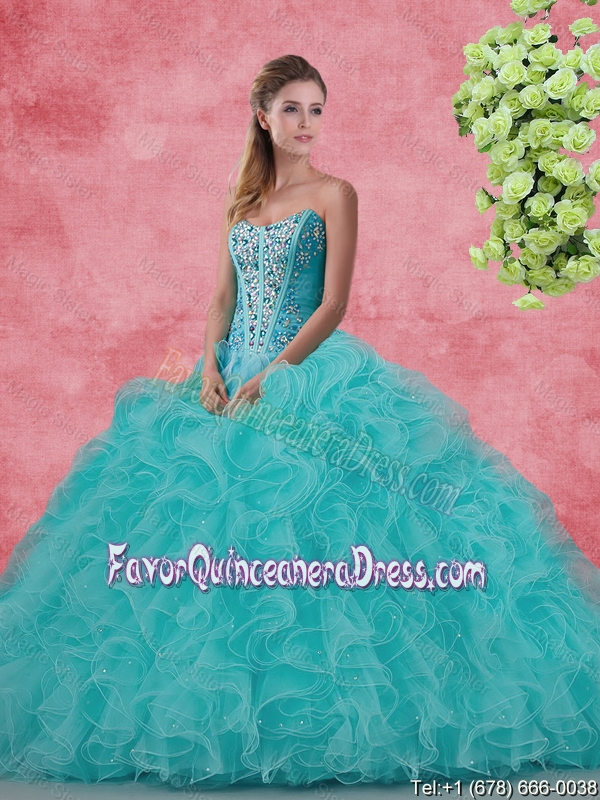 2016 Spring Beautiful Strapless Beaded and Ruffles Quinceanera Dresses in Aqua Blue