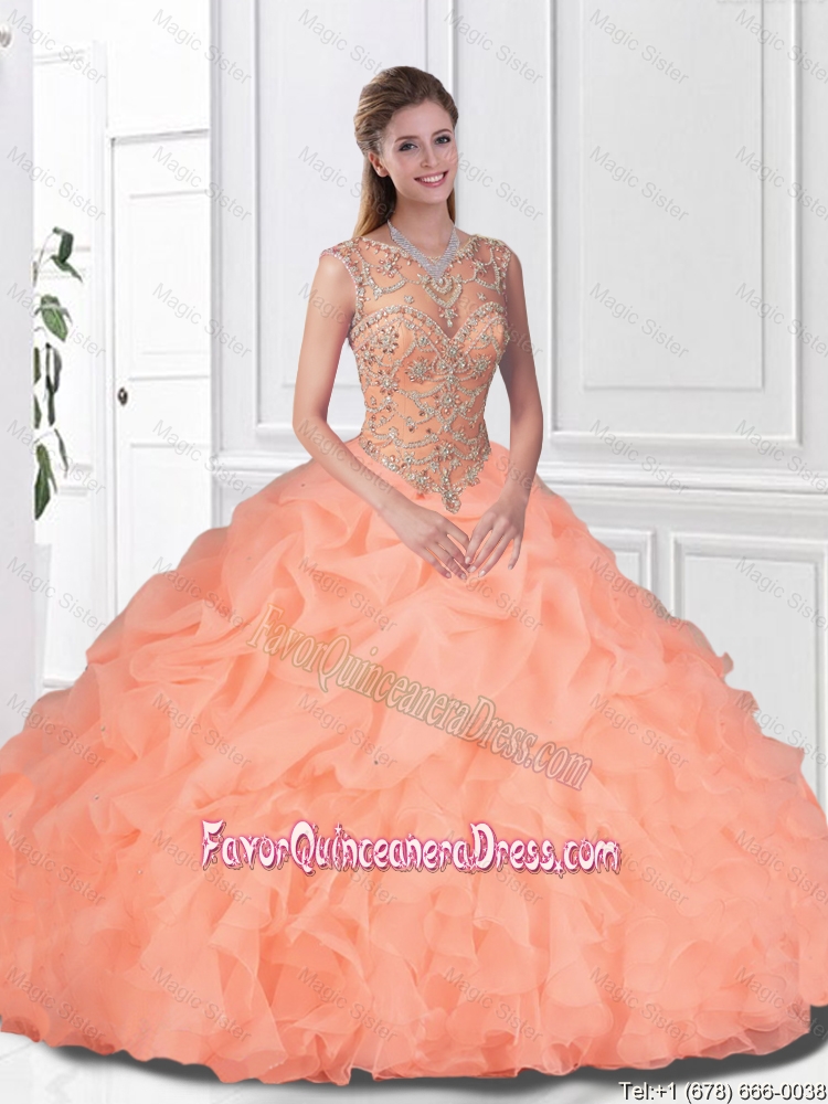 2016 Spring Perfect Beaded and Ruffles Watermelon Quinceanera Gowns with Bateau