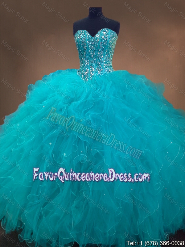 Elegant Beaded and Ruffles Quinceanera Gowns in Aqua Blue for 2016