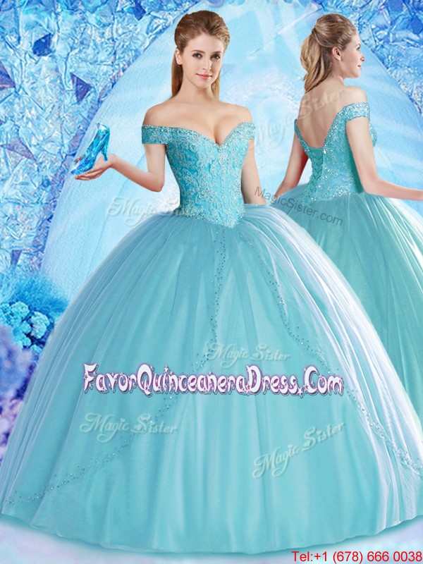 2017 Lovely Off the Shoulder Aqua Blue Quinceanera Dress with Beading