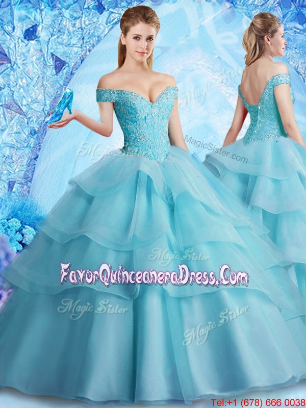 Pretty Brush Train Quinceanera Dress with Beading and Ruffled Layers