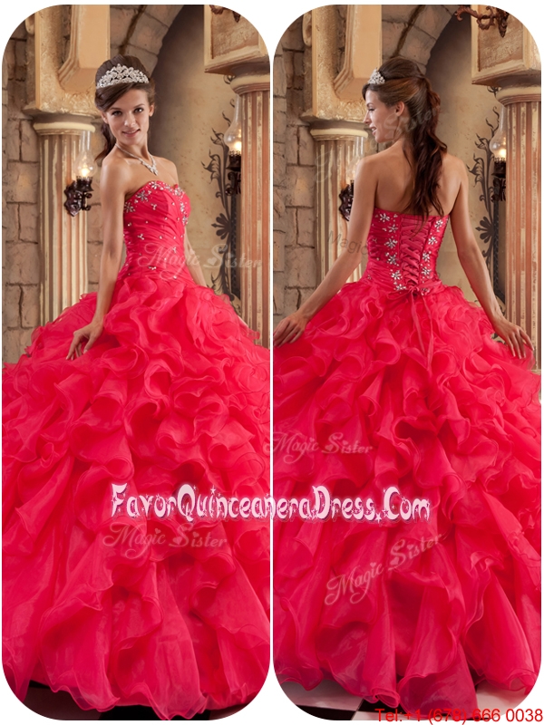 Modest Beading and Ruffles Quinceanera Dresses in Coral Red