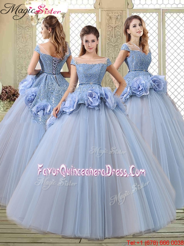 Luxurious Bateau Lavender Quinceanera Gowns with Hand Made Flowers