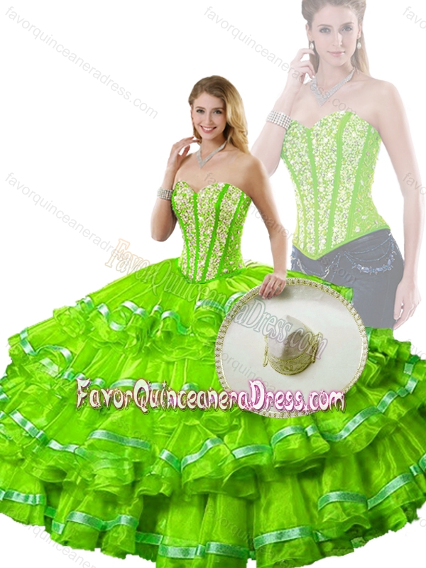 Hot Sale Spring Green Detachable Quinceanera Dresses with Beading and Ruffled Layers