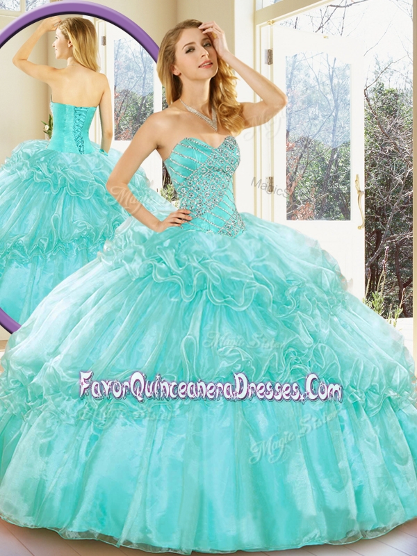 Aqua Blue Quinceanera Gowns with Beading and Ruffled Layers for Summer