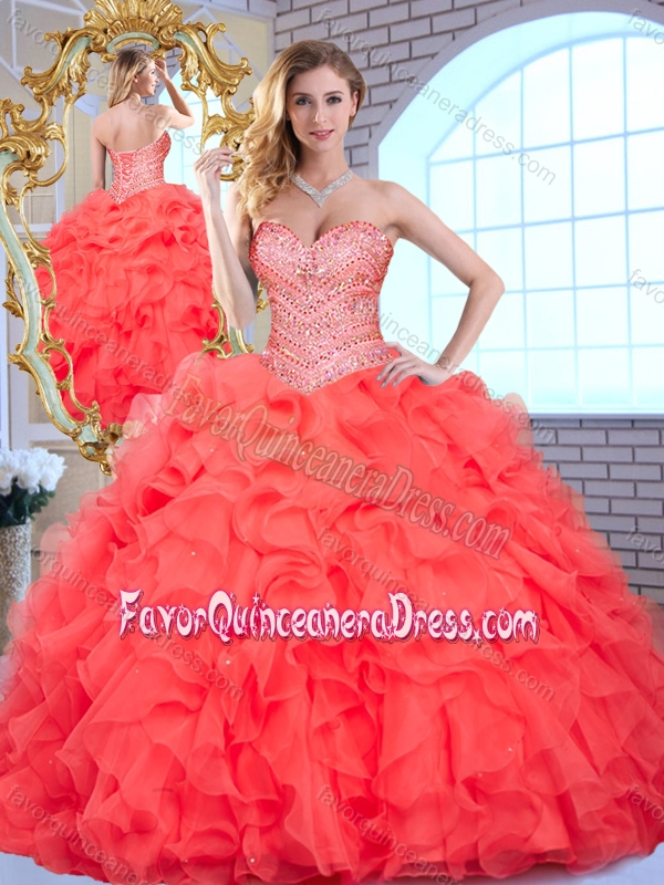 2016 Coral Red Quinceanera Dresses with Beading and Ruffles