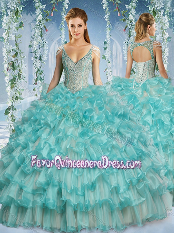 Popular Deep V Neck Big Puffy Quinceanera Dress with Beaded Decorated Cap Sleeves