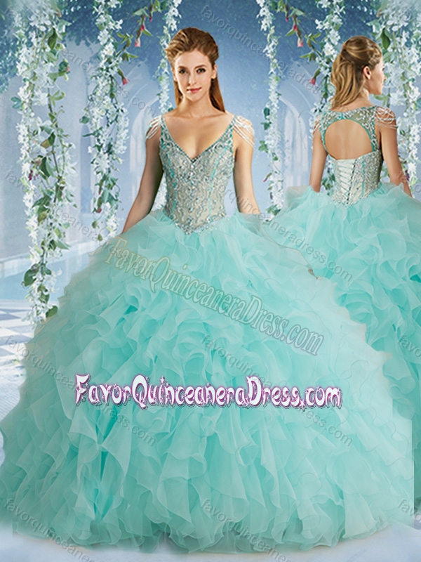 The Super Hot Beaded Decorated Cap Sleeves Quinceanera Dress with Deep V Neck