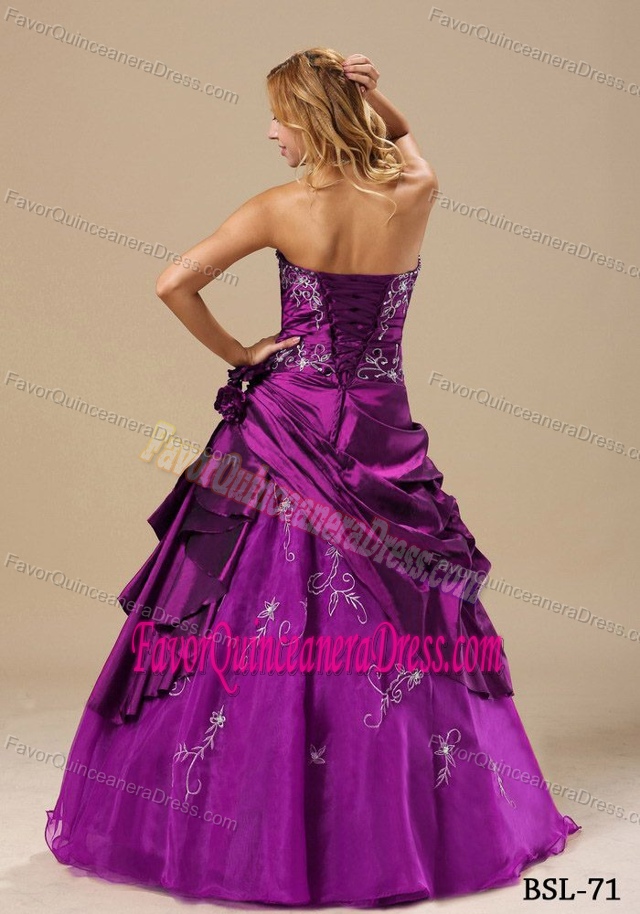 Attractive Strapless Embroidered Beaded Taffeta Dress for Quince with Flowers