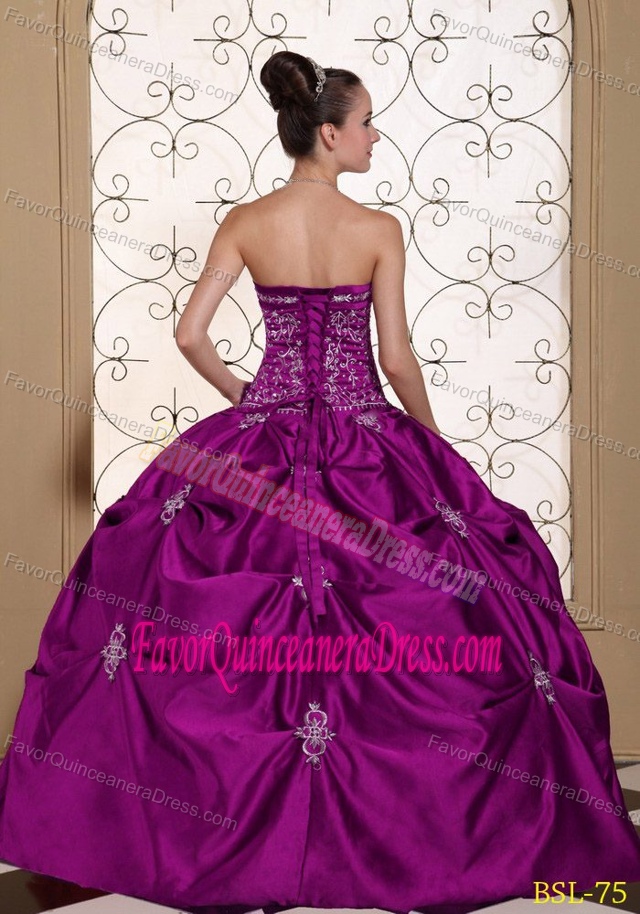 Fuchsia Embroidered Taffeta Strapless Quinceanera Dresses with Pick-ups