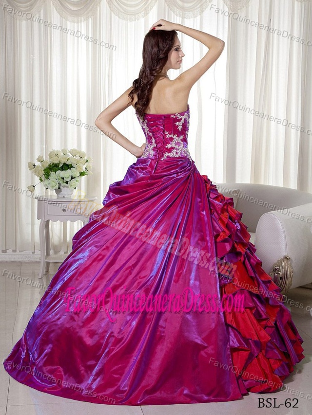 Strapless Floor-length Taffeta Luxurious Fuchsia Dresses for Quinceaneras