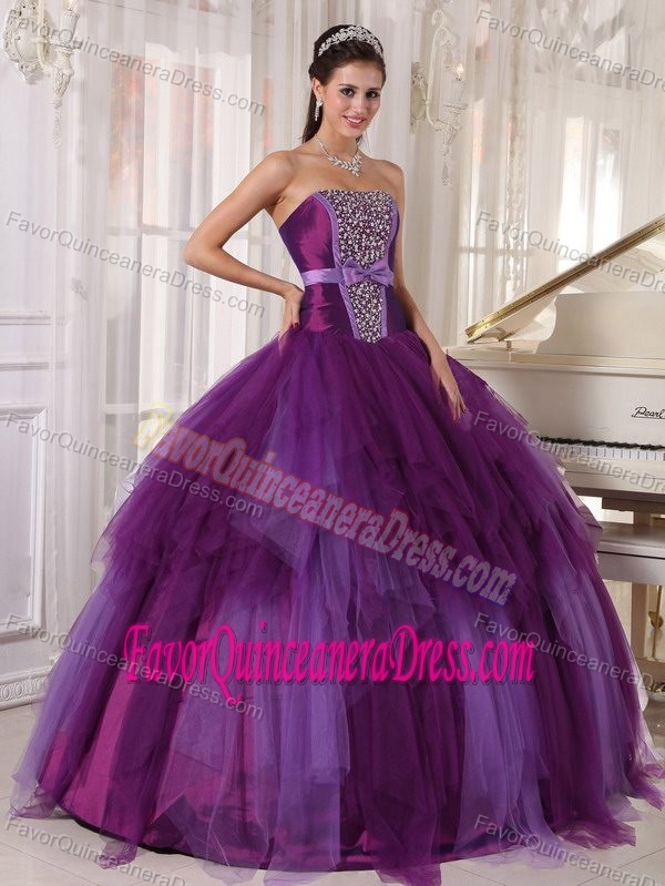 Fabulous Beaded Lace-up Floor-length Tulle Quinceanera Gowns in Purple