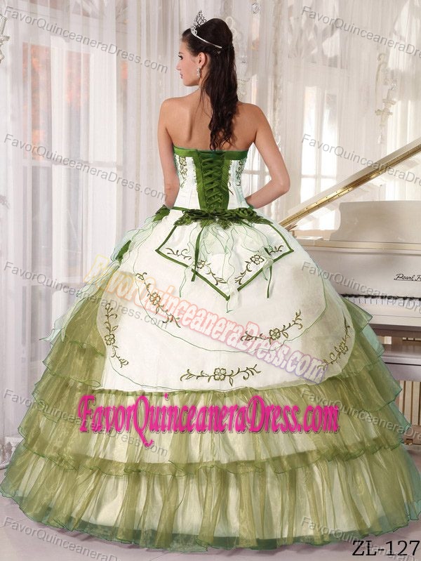 Discount Long Satin and Organza Quinces Dress in White and Yellow Green