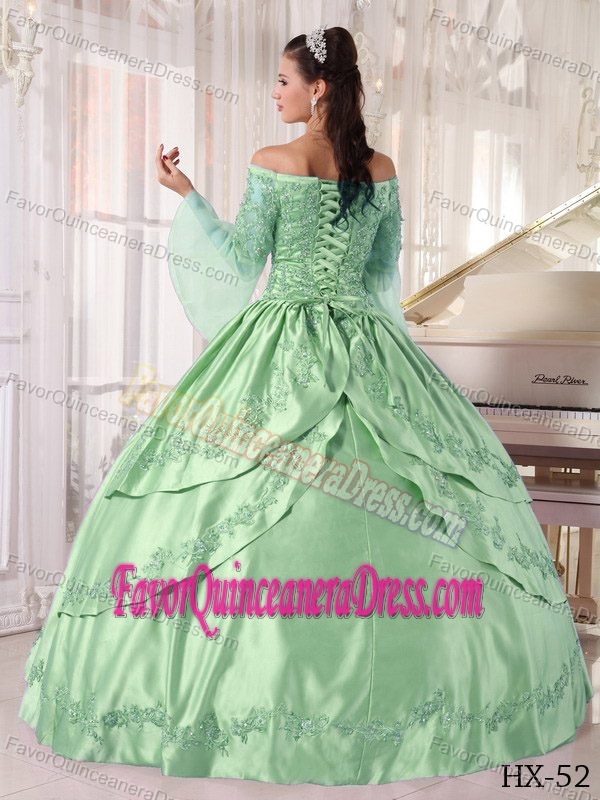 Gorgeous Apple Green Off-the-shoulder Taffeta Sweet 17 Dress with Long Sleeves