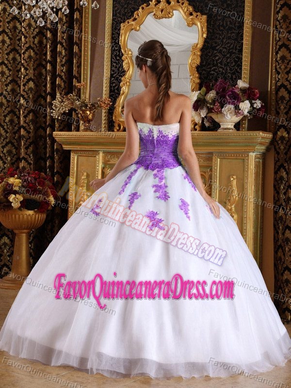 Dressy Beaded Organza Sweet Sixteen Dress in White and Purple with Appliques