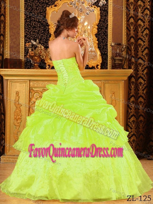 Wonderful Strapless Floor-length Organza Quince Dresses in Yellow Green