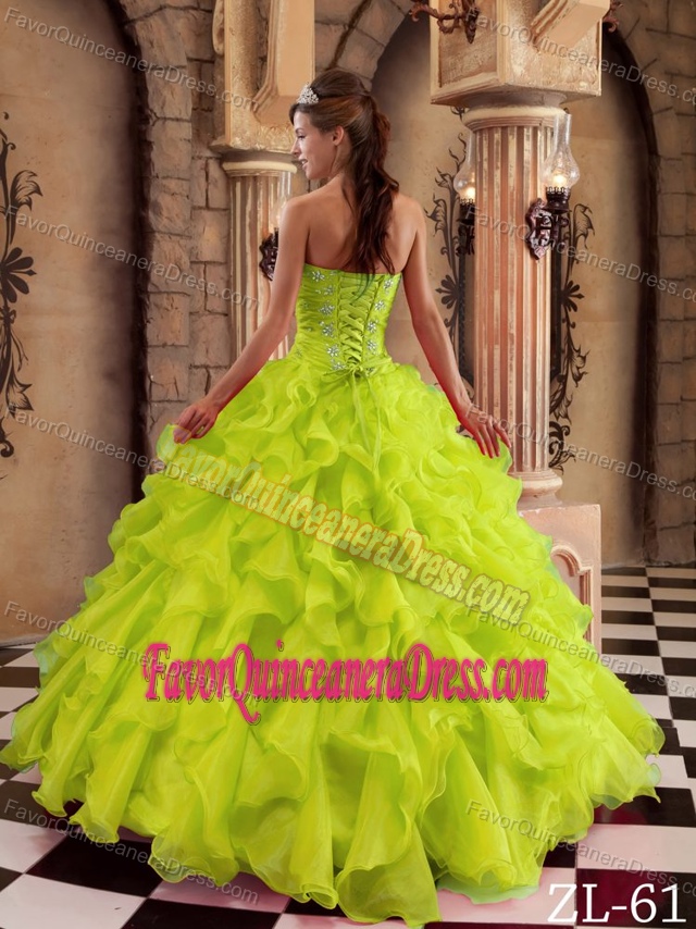 Organza Lace-up Romantic Dress for Quince with Ruffles in Yellow Green