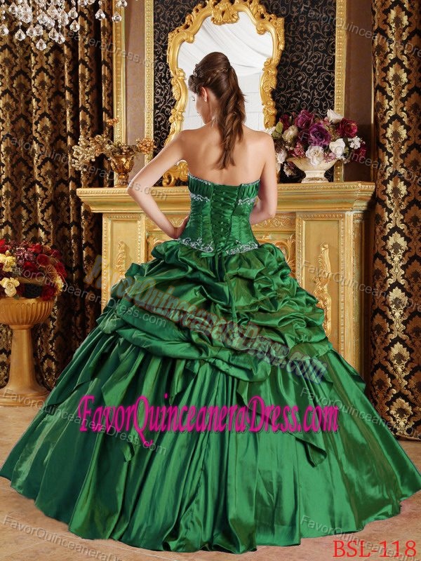 Elegant Green Strapless Floor-length Taffeta Quinceanera Dress with Pick-ups
