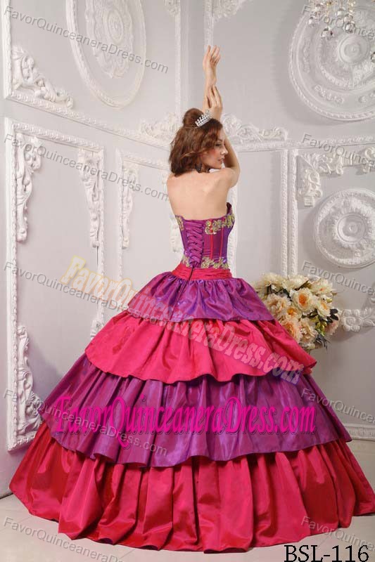 Strapless Floor-length Taffeta Appliqued Quinceanera Gowns in Multi-color