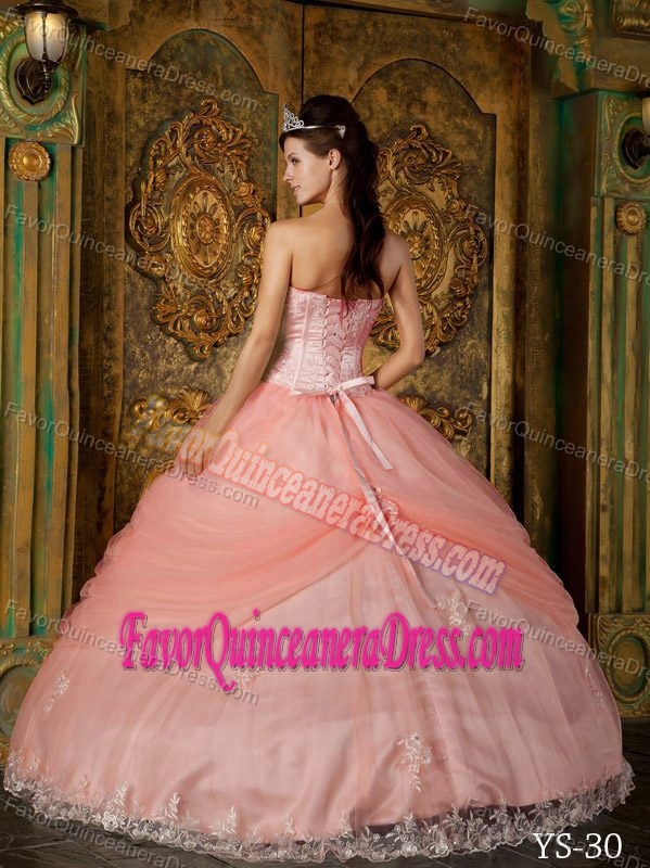 Appliqued Tulle Strapless Floor-length Quinceanera Gowns in Watermelon