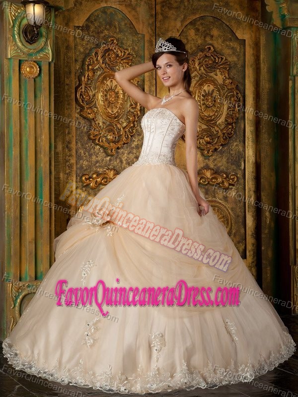 Appliqued Champagne Ball Gown Strapless Dress for Quinceanera in Tulle