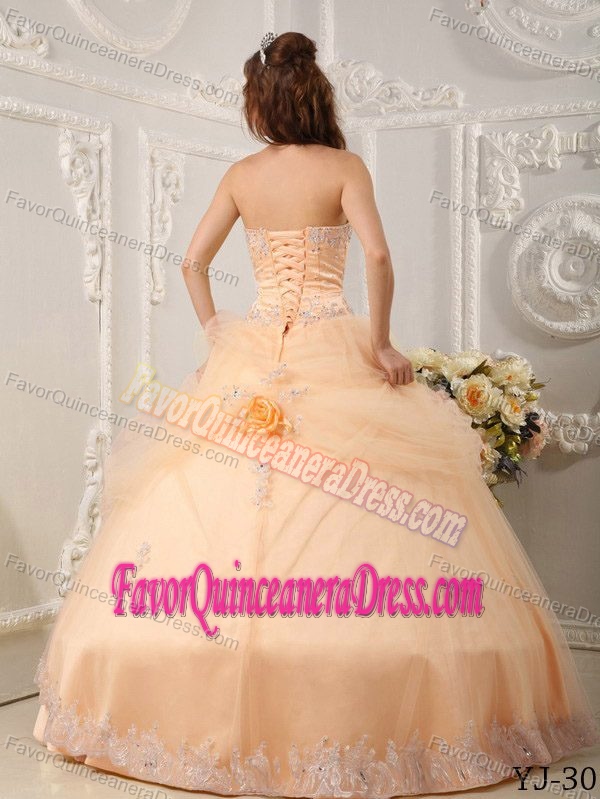 Beautiful Ball Gown Sweetheart Appliqued Peach Quince Dresses in Organza