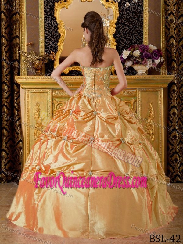 Ball Gown Halter Taffeta Appliqued 2013 Dress for Quinceanera in Golden