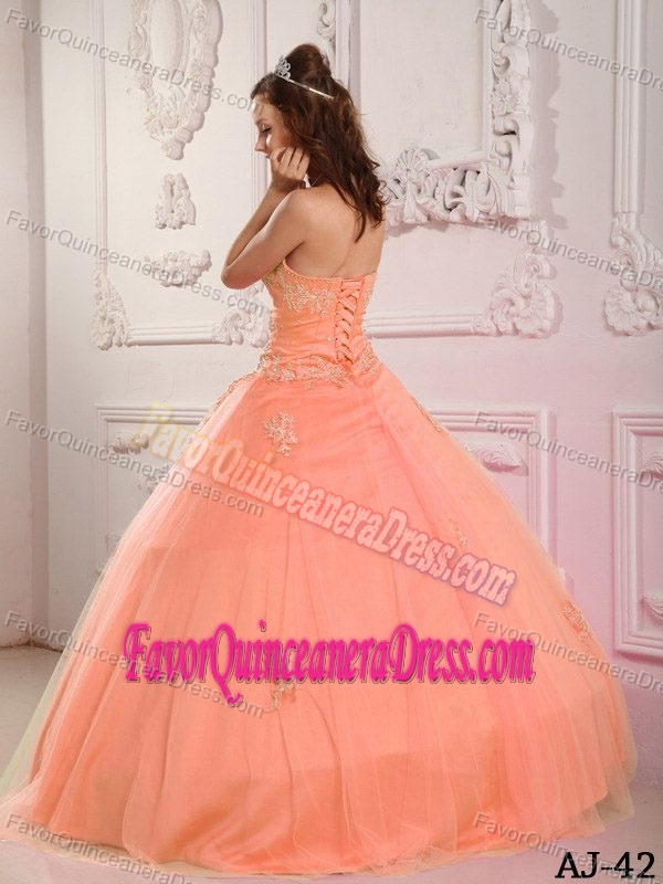 Classical Sweetheart Floor-length Tulle Appliques Quinceanera Dress in Pink