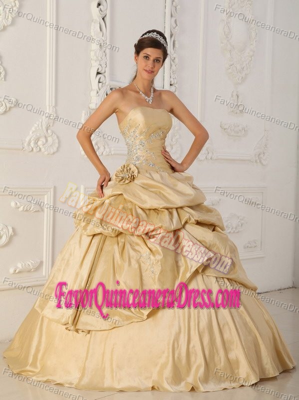 Champagne Princess Strapless Beaded for Quinceanera Dress in Taffeta
