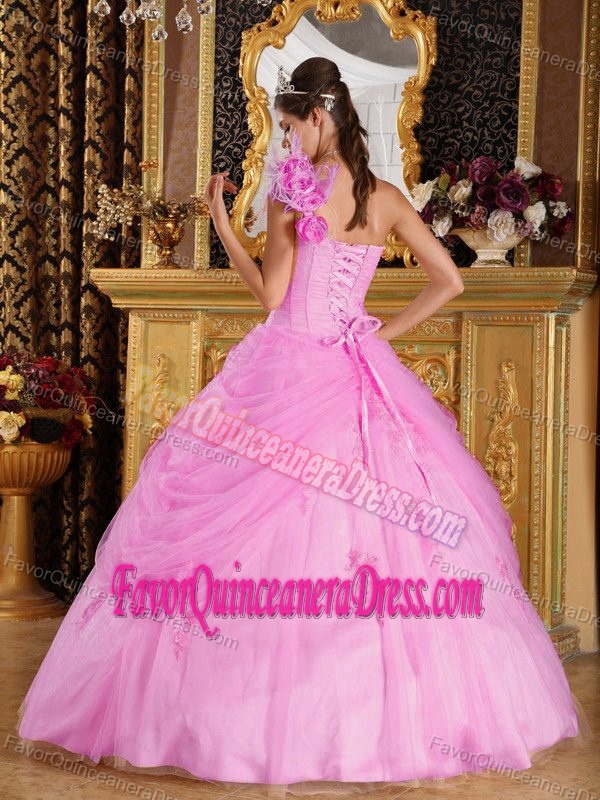 One Shoulder Appliqued Pink 2013 Quinceanera Gown Dresses in Tulle