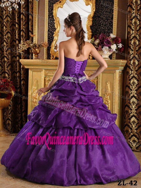 Purple Ball Gown Strapless Taffeta Dress for Quinceaneras with Pick-ups