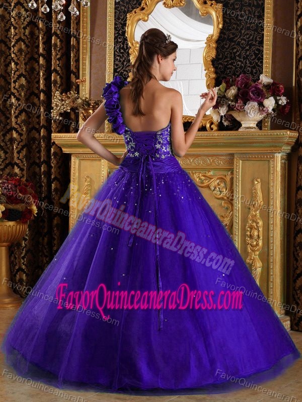 Purple Princess Tulle Beaded Dress for Quinceaneras with One Shoulder