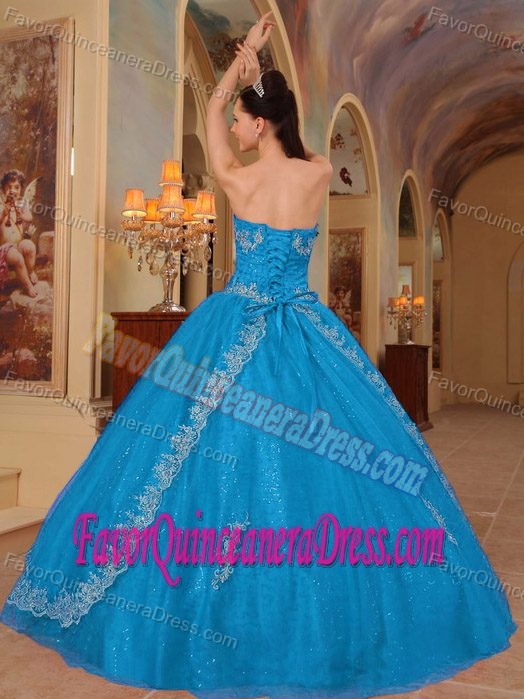 Embroidered and Beaded Teal Organza Quinceanera Dress with Sweetheart
