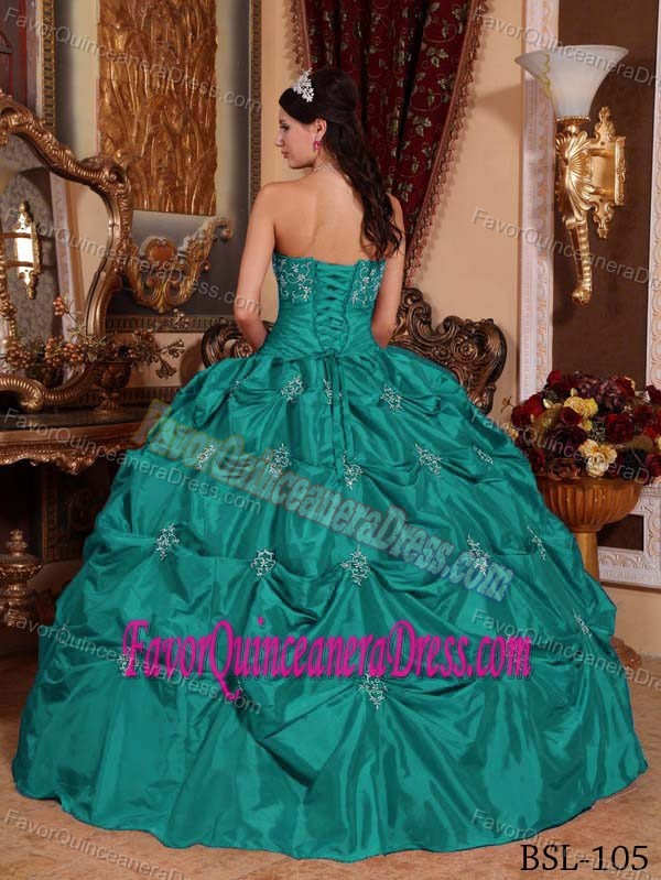 Turquoise Strapless Floor-length Taffeta Quinceanera Dress with Appliques
