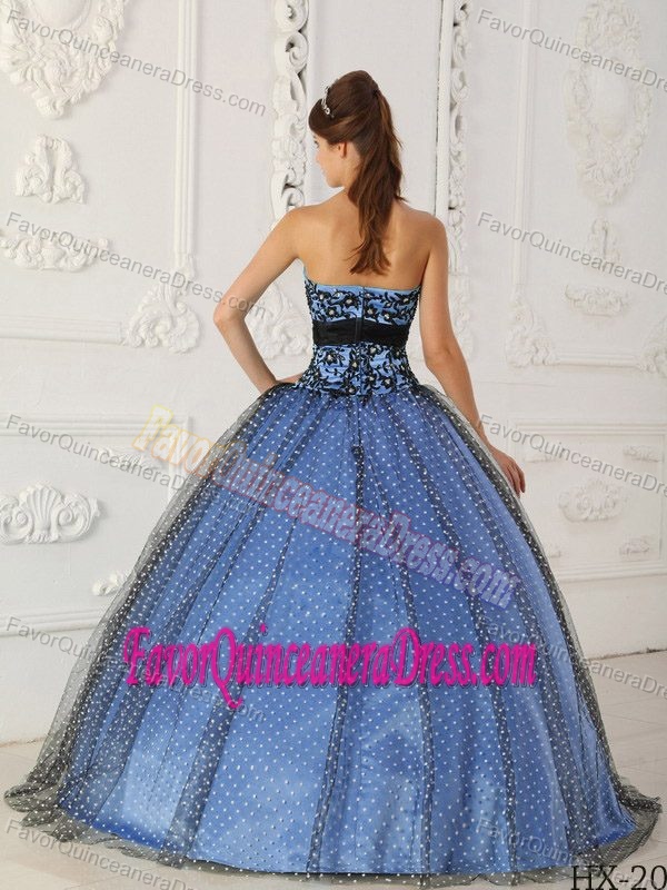 Taffeta and Tulle Beaded Black and Blue Quinceanera Gown with Appliques
