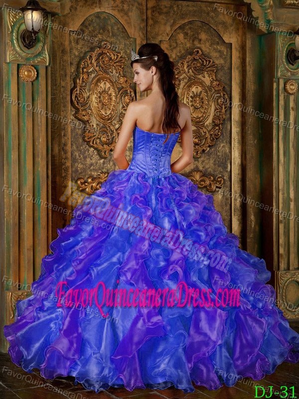 Strapless Floor-length Organza Purple Ball Gown Quince Dresses with Ruffles
