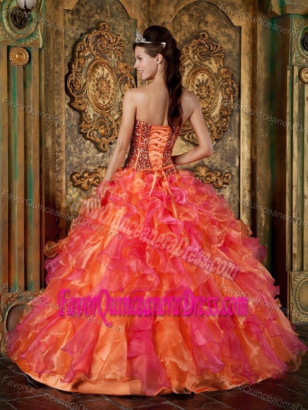 Beaded and Ruffled Strapless Organza Quinceanera Dress in Multi-Color