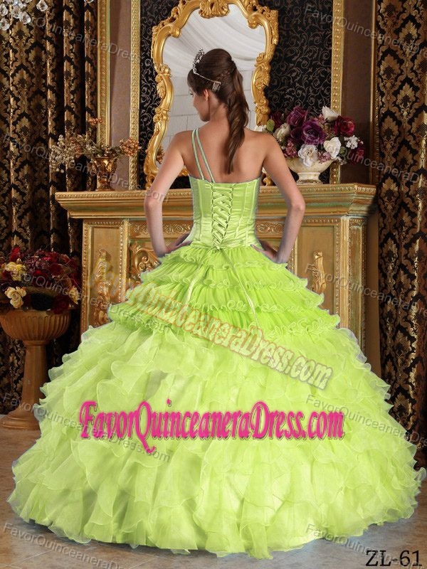 Satin and Organza Beaded Yellow Green Quince Dresses with One Shoulder