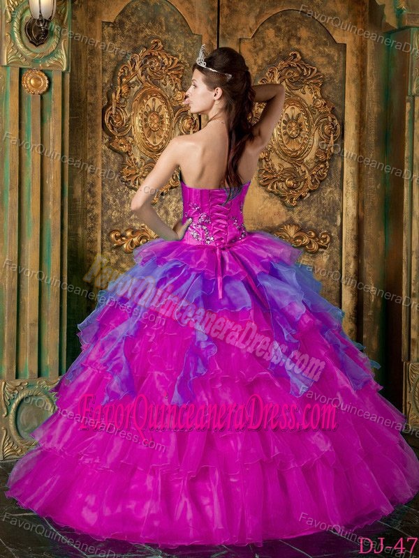 Strapless Floor-length Organza Fuchsia Ball Gown Quince Dresses with Ruffles
