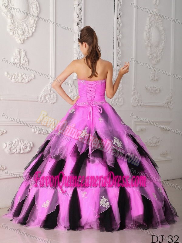 Princess Strapless Organza Appliques Quince Dresses in Hot Pink and Black