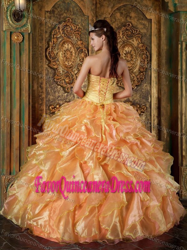 Strapless Floor-length Beaded Orange Ball Gown Quince Dresses with Ruffles