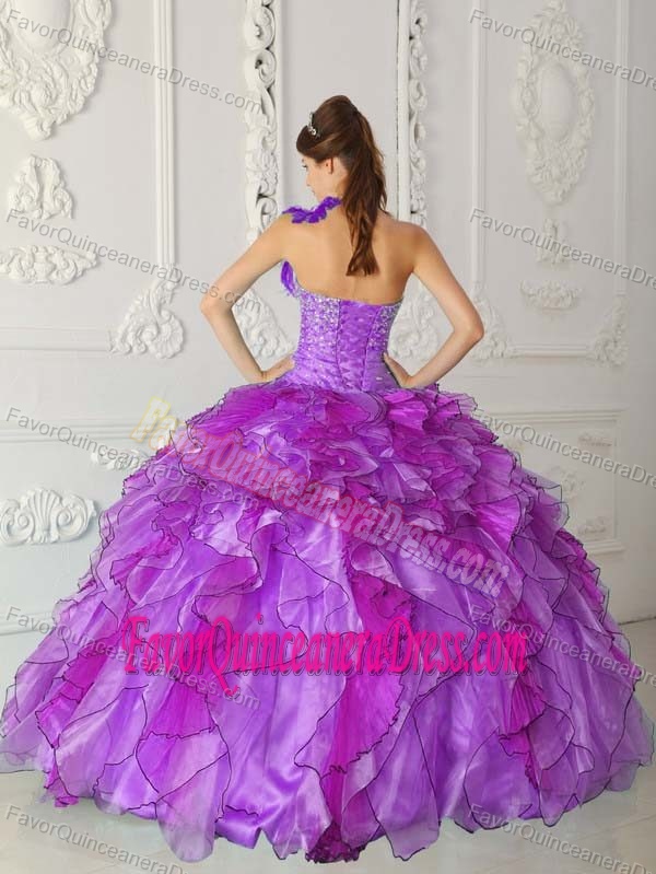 Organza Beaded Purple One Shoulder Floor-length Quince Dresses in Satin