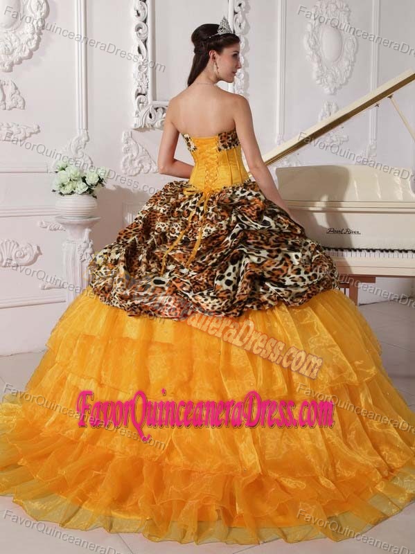 Leopard and Organza Orange Appliqued Quince Dresses with Brush Train