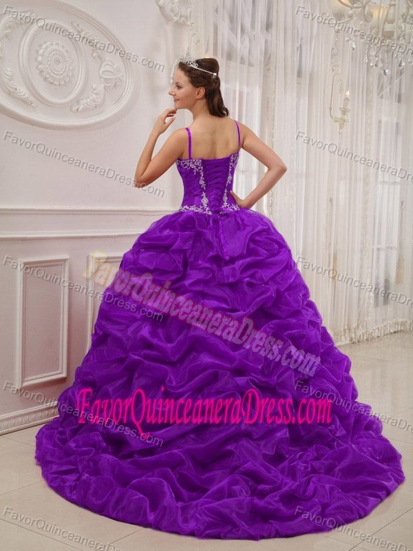 Court Train Organza Beaded Purple Quince Dresses with Spaghetti Straps