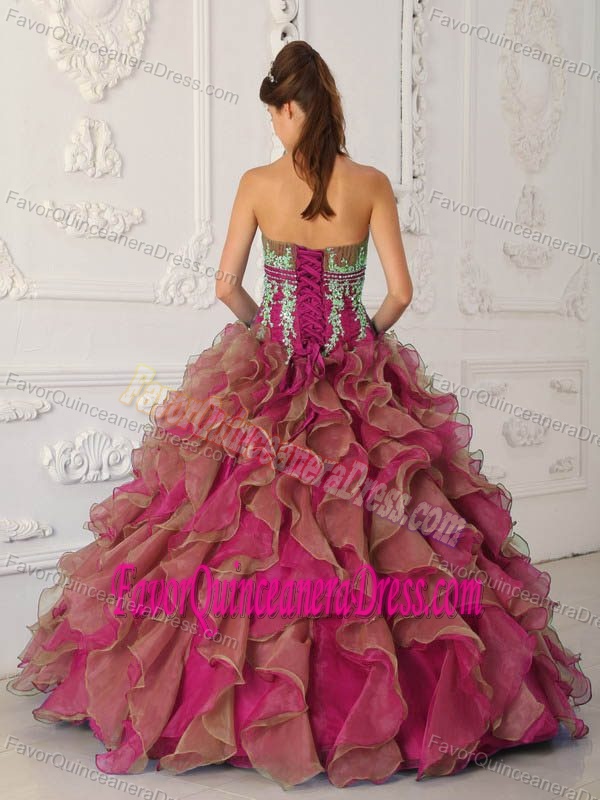 Strapless Beaded and Appliqued Fuchsia Quinceanera Dresses in Organza