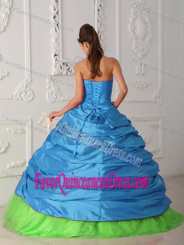 Green and Blue Sweetheart Taffeta Quince Dresses with Appliques and Ruches